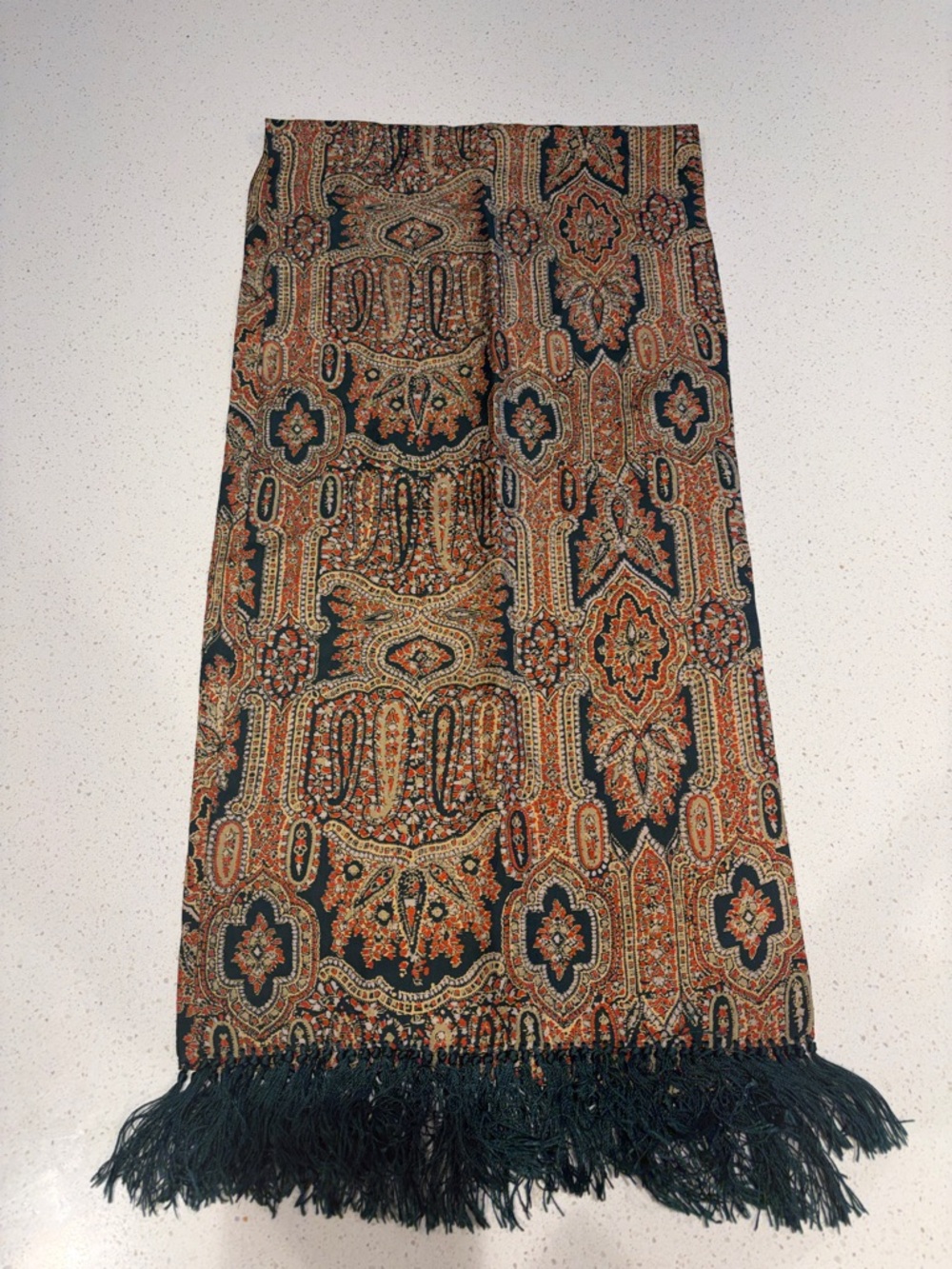 Paisley Fringe Silk Scarf in Green, Gold and Orange